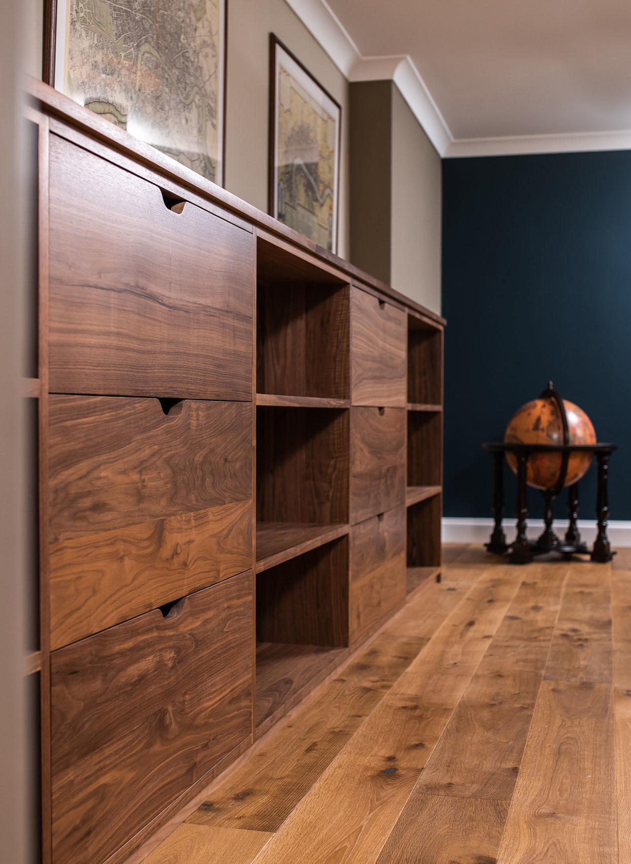 walnut home office unit with drawers and shelves in berkhamsted
