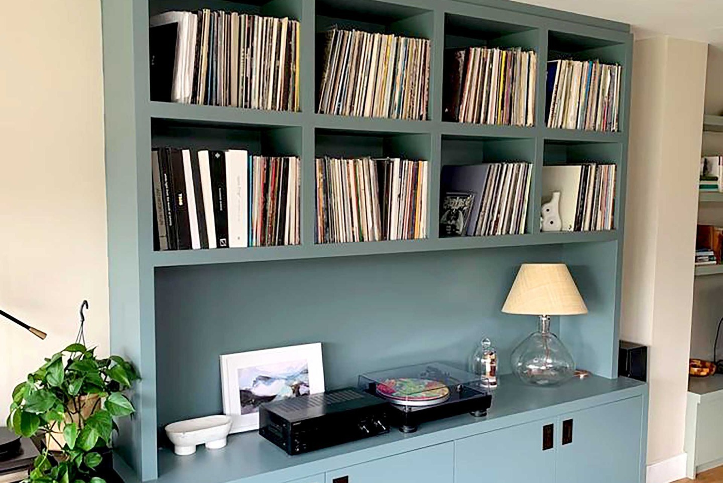 Record Cabinet Made for Customer in Beskhamstead by Adam Hope Bespoke painted in farrow and ball de nimes